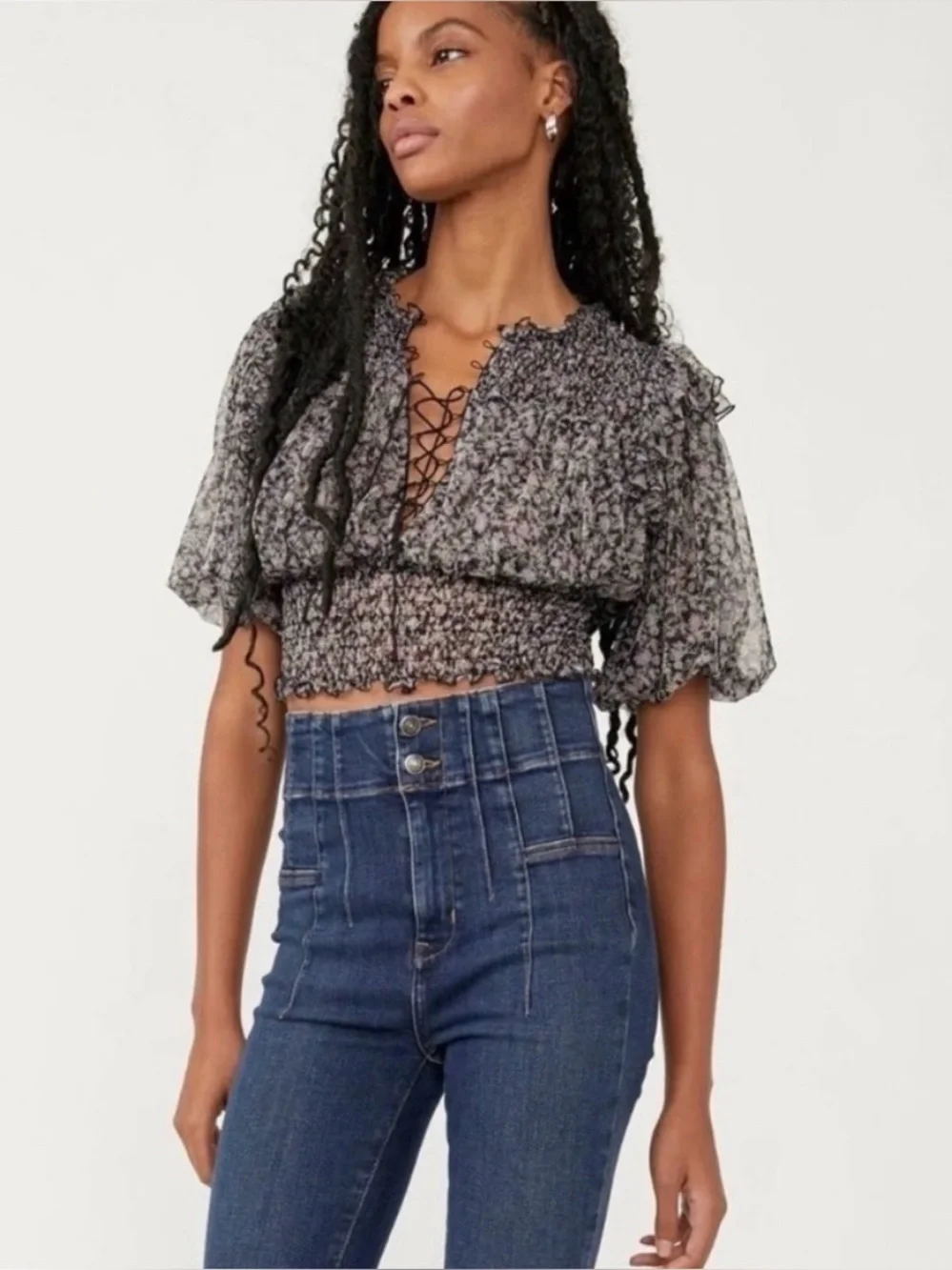 Free People Beatice Floral Puff Sleeve Smocked Blouse XL Cottagecore Boho Y2K